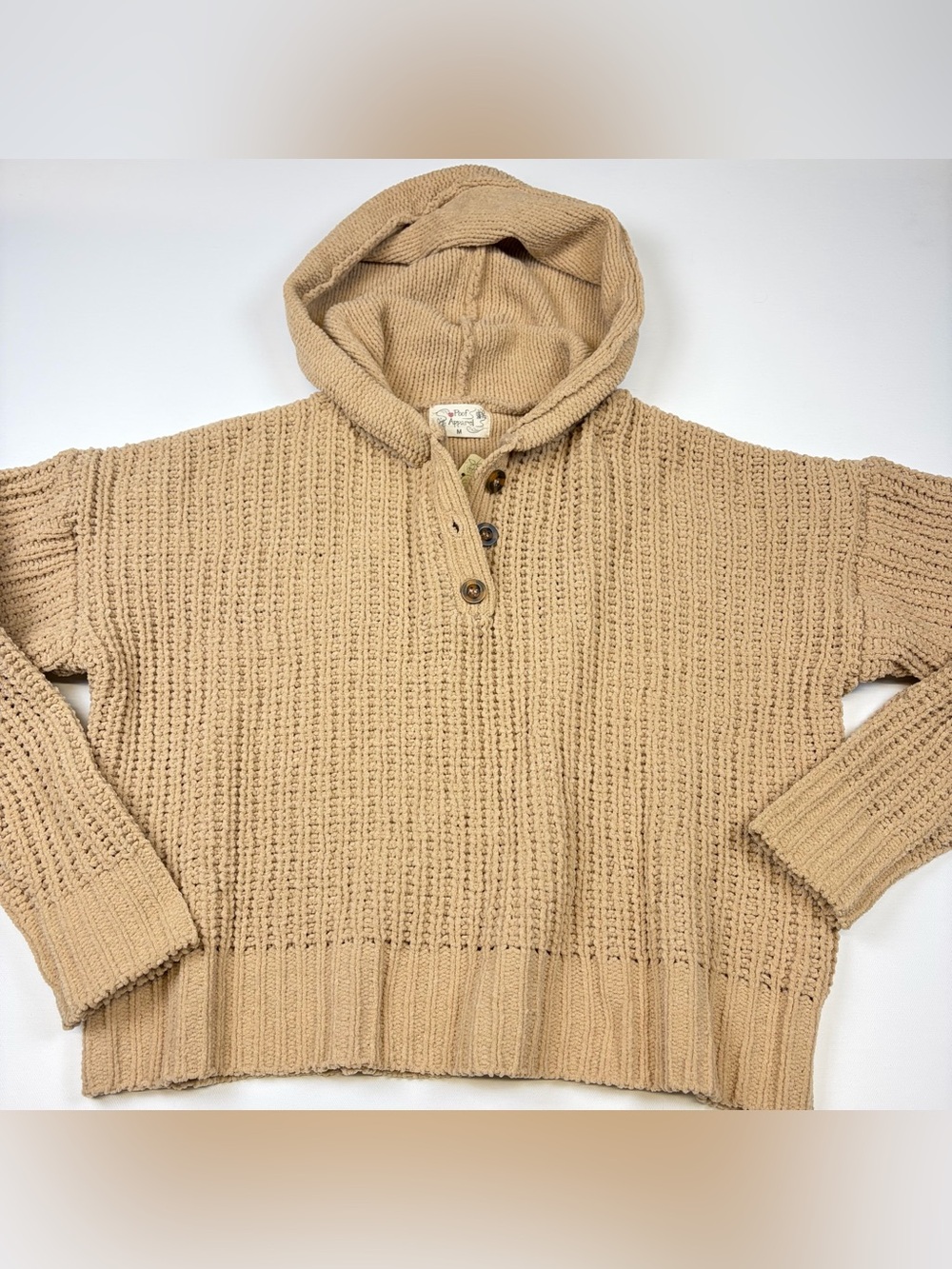 POOF APPAREL BEIGE CHUNKY KNIT HOODED HENLEY SWEATER SIZE M